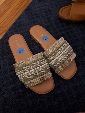 ALDO Olive and Tan Braided Fringe Slide Sandals